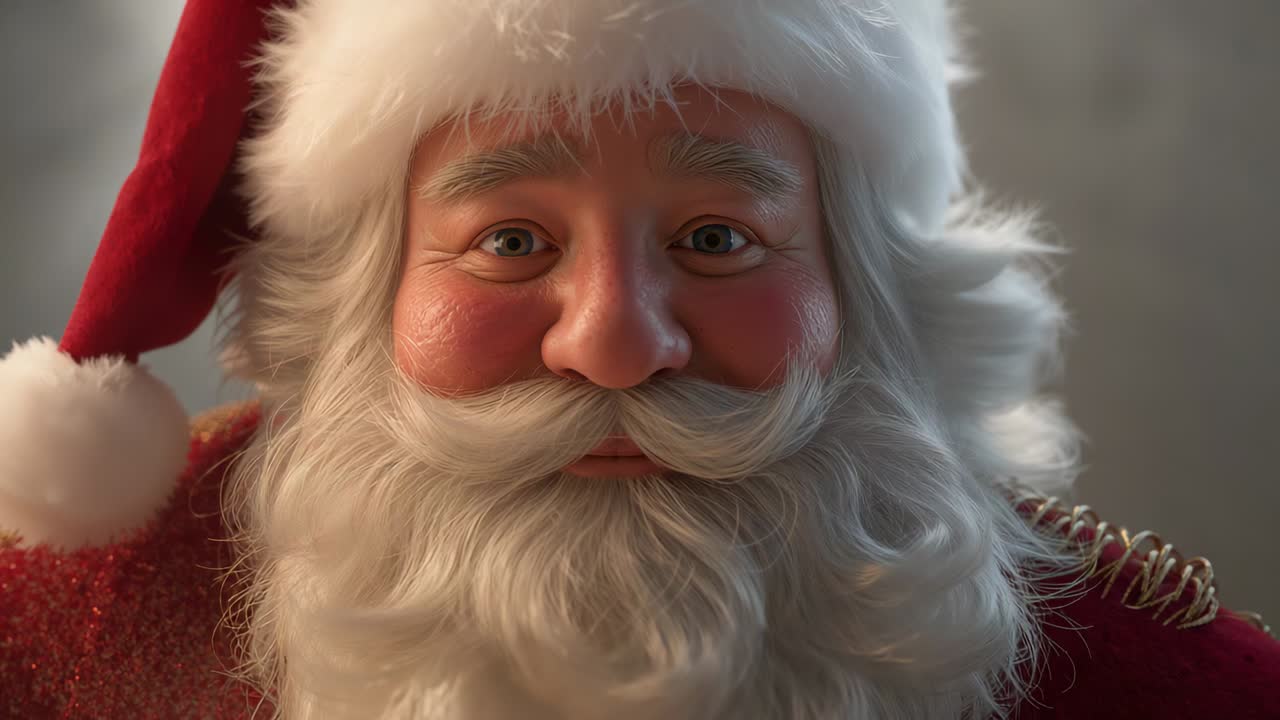 Snowflake drifting leading Santa blinking and nodding in workshop, with red hat awaiting greetings