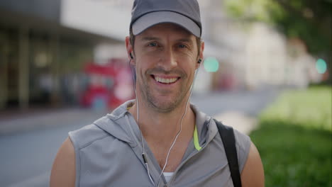 retrato de un joven en forma sonriendo feliz mirando a la cámara con auriculares disfrutando de un feliz estilo de vida urbano viajando en el fondo de la ciudad en cámara lenta