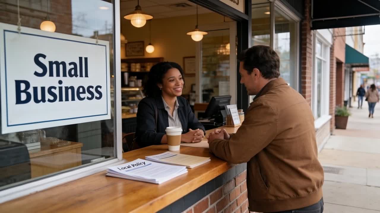 Approaching man leaning at counter window, barista in blazer explaining Local Policy near to-go cup