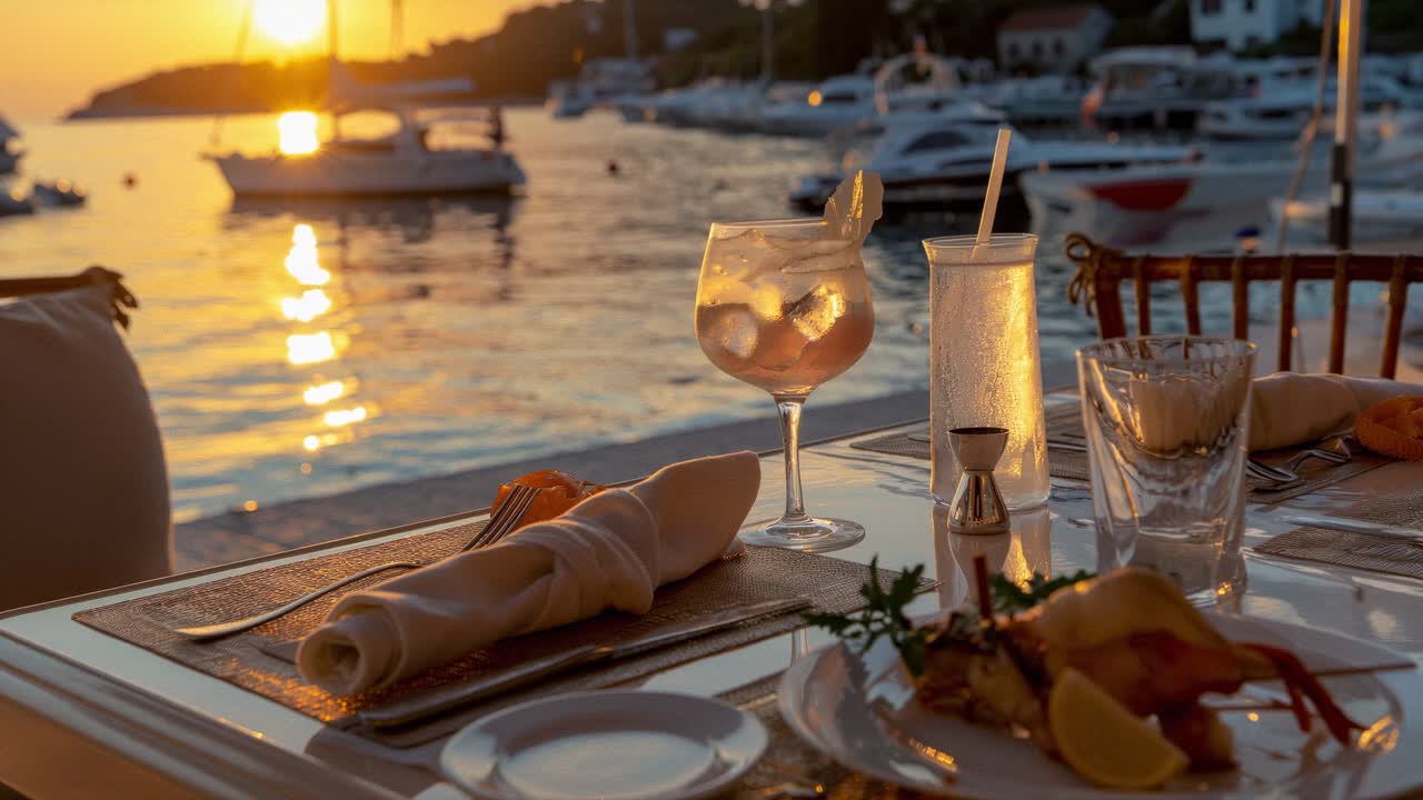 Luxurious seaside dining experience featuring fresh seafood and refreshing cocktails, all while enjoying breathtaking sunset views over a tranquil harbor, creating an unforgettable ambiance