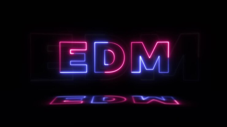 Neon glowing word 'EDM' on a black background with reflections on a floor. Neon glow signs in seamless loop motion graphic