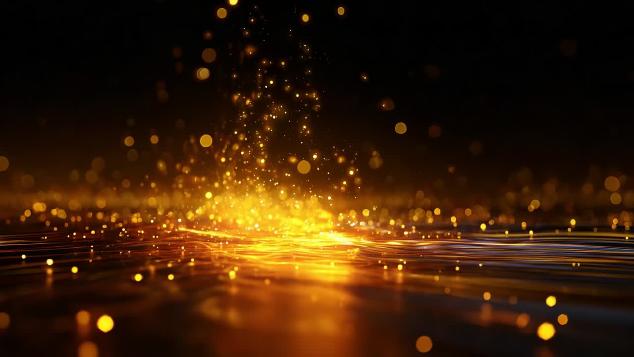 A stunning visual display of shimmering golden particles dancing on the surface of a tranquil dark water, creating a captivating and mesmerizing ambiance that draws the viewer into its magical allure
