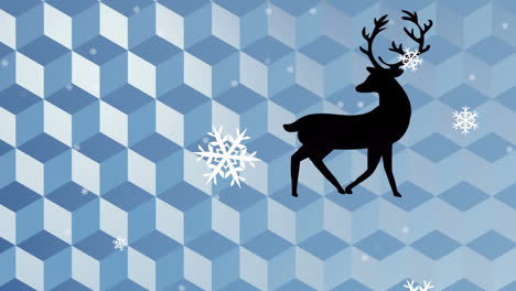 digital animation of snowflakes falling over silhouette of reindeer walking against abstract shapes