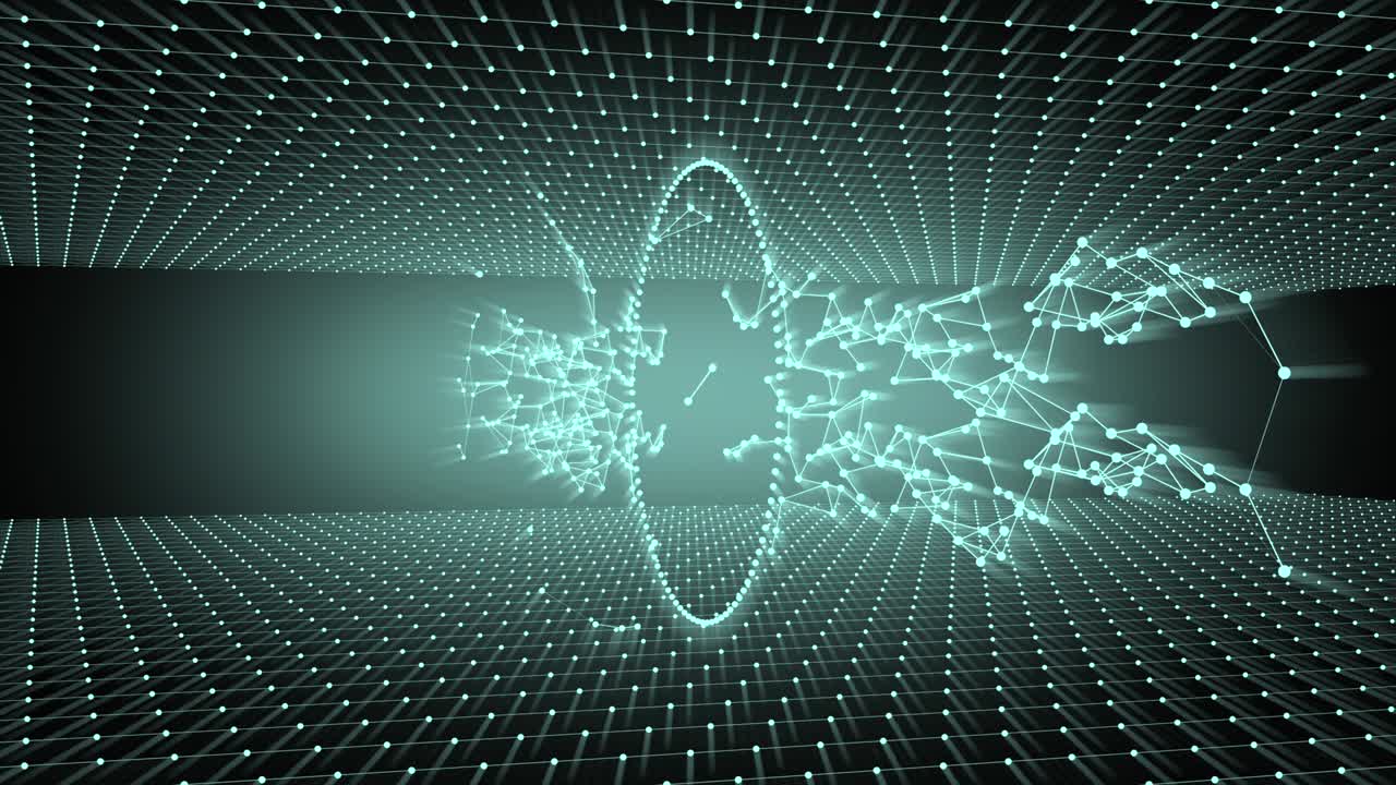 마이크로코스모스 (microcosm) 또는 나노세계 (nano world) 로 인 홀로그래픽 배경: 검은색 배경 위에 색으로 인 표면을 형성하는 입자와 회전하는 반지 로플렉서스 네트워크를 조명하는 원활한 영상.