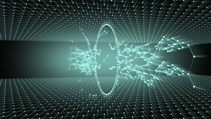 Looped holographic background as microcosm or nano world. Seamless footage with particles forming white lined surfaces over black background and illuminating ring rotating ro plexus network.
