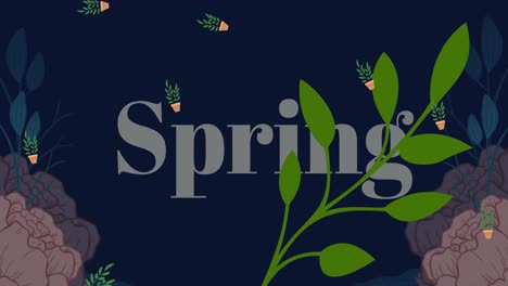 animation of falling flower pots with leaves and spring text over black background