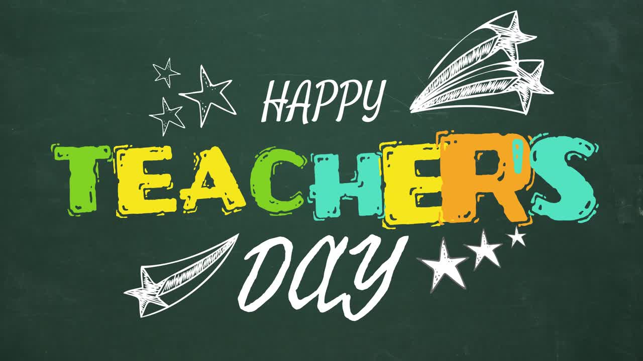 Animation of happy teachers day text and stars on green background