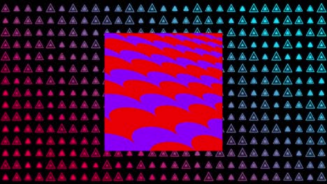 Animation-of-red-and-purple-waves-over-rows-of-flickering-triangles-on-black-background