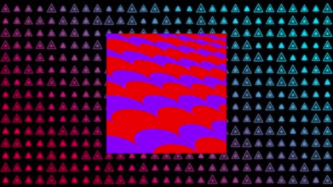 animación de ondas rojas y púrpuras sobre filas de triángulos parpadeantes sobre fondo negro