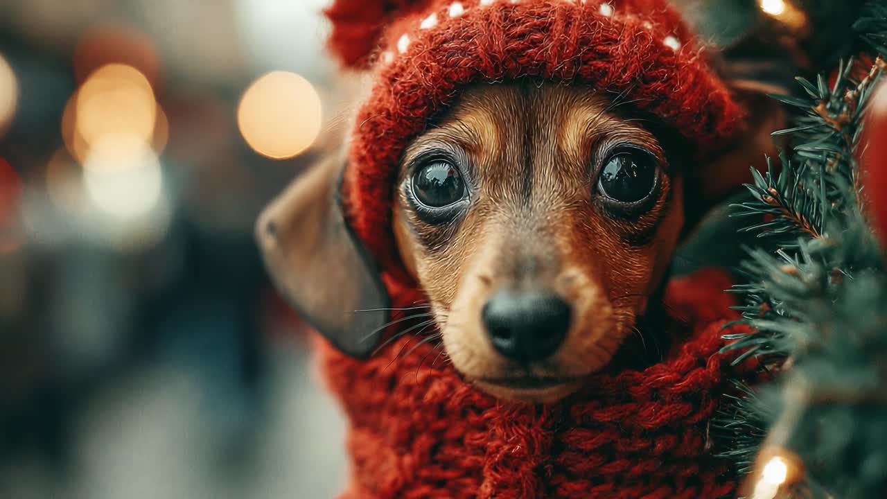 Adorable dog in festive red sweater and hat, captured during a holiday season, showcasing its expressive eyes amidst a cheerful background of twinkling lights