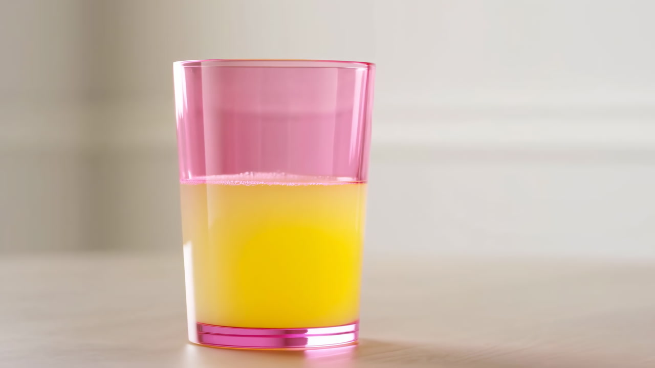 Pink Glass With Orange Juice On Wooden Table, Soft Morning Light, Subtle Condensation On Rim, Fresh Breakfast
