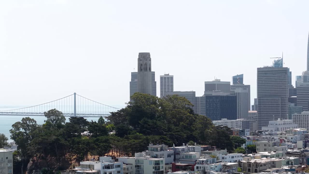 Drone Shot of Coit Tower and Downtown San Francisco USA Skyscrapers, Telegraph Hill and Financial District