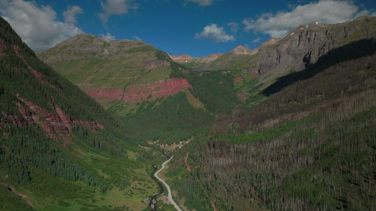 drones aéreos cinematográficos de la cuenca del lago de hielo encabezan el camino del condado de incendios forestales recientes verano temprano en la mañana silverton telluride colorado montañas rocosas bosque de pinos de aspen 14er picos movimiento hacia arriba