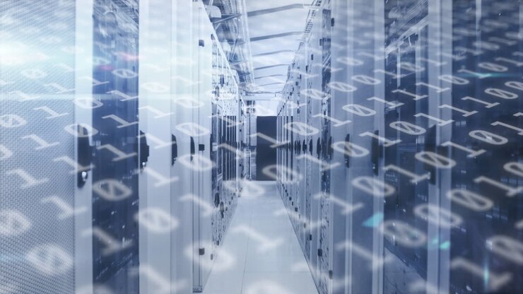 Animation of binary coding numbers changing over tech room with computer servers