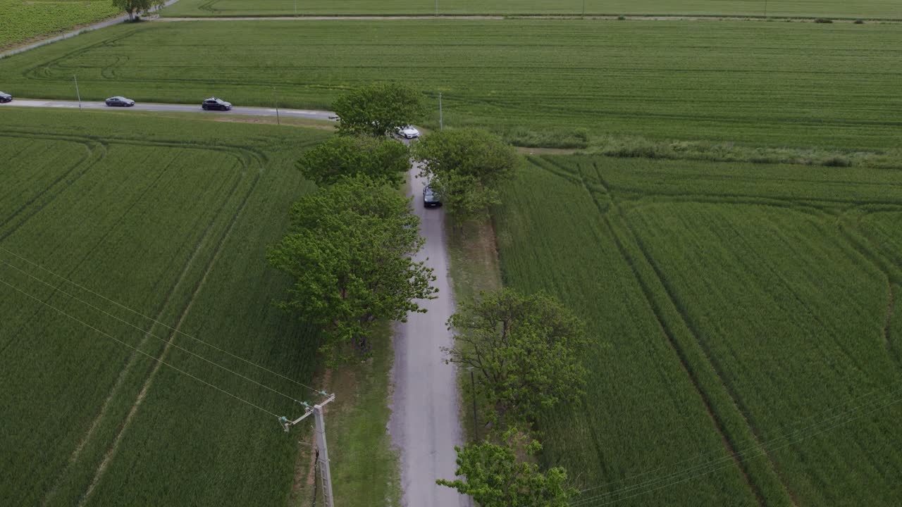 자동차와 바람이 부는 공중 전망을 갖춘 녹색 들판을 통한 경치 좋은 도로 여행