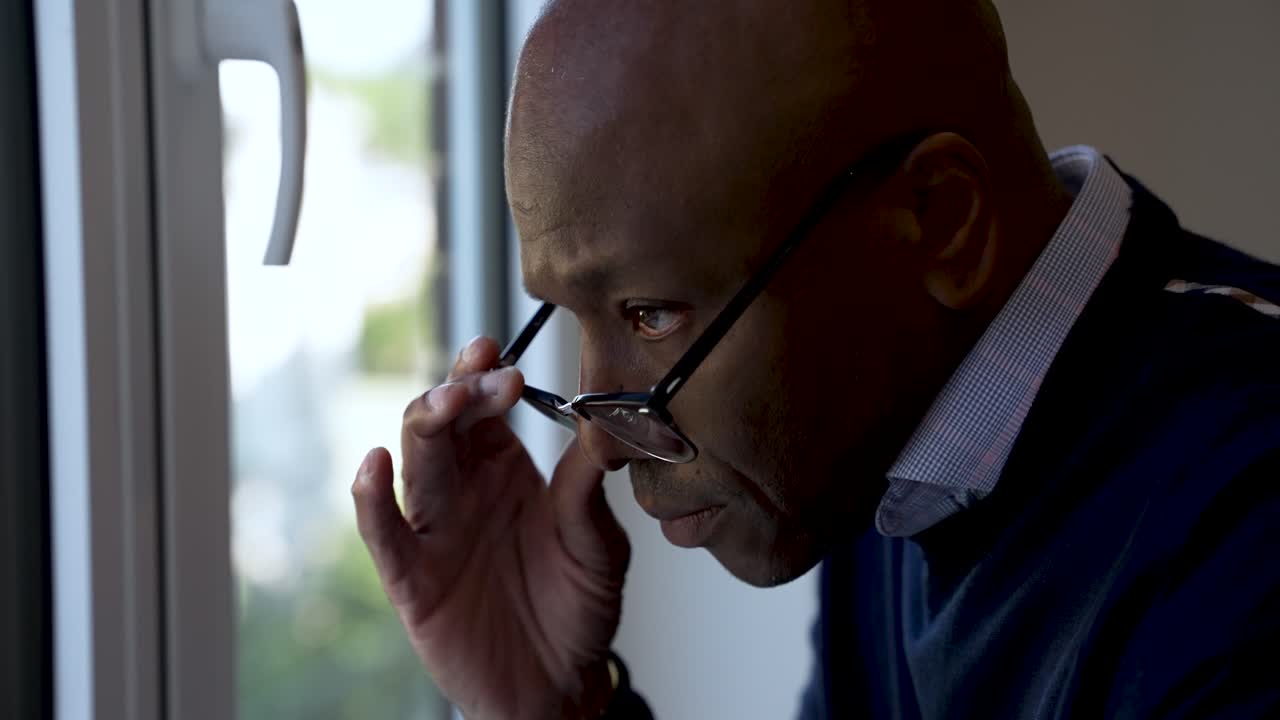 A thoughtful black man being pensive and investigative while taking off his glasses and looking out of a window