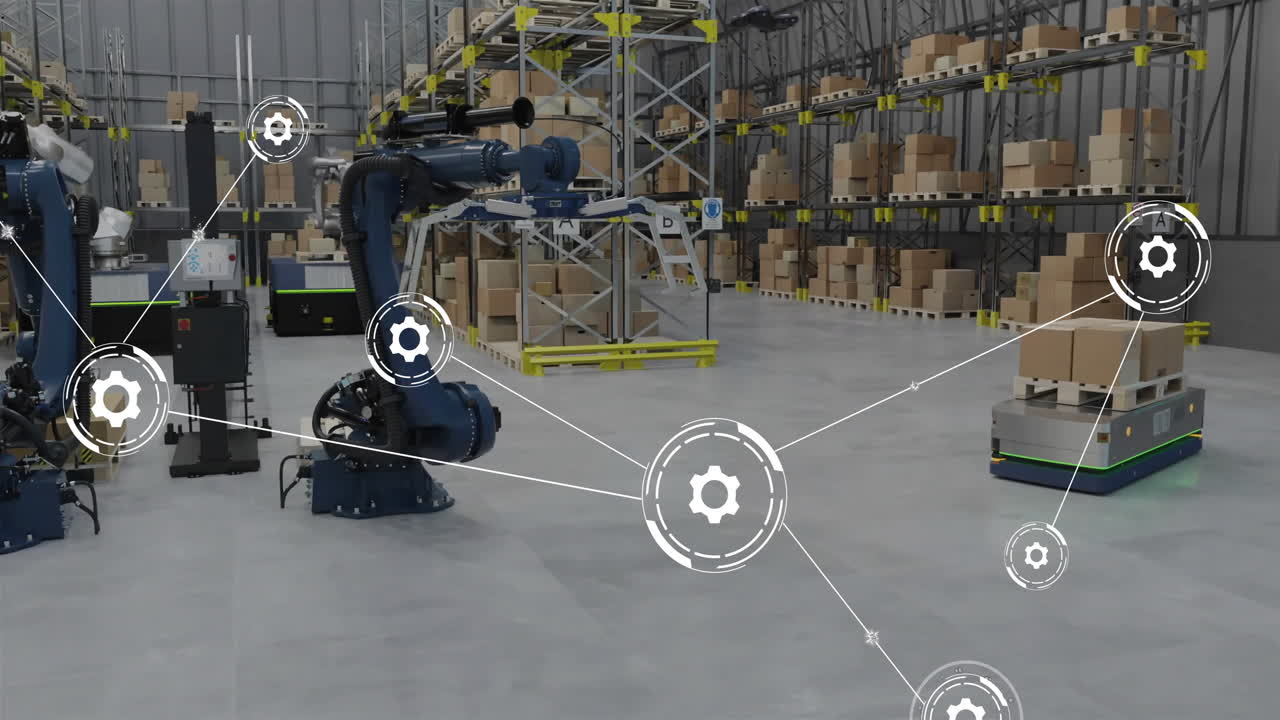 Animation of network of connections with icons over warehouse