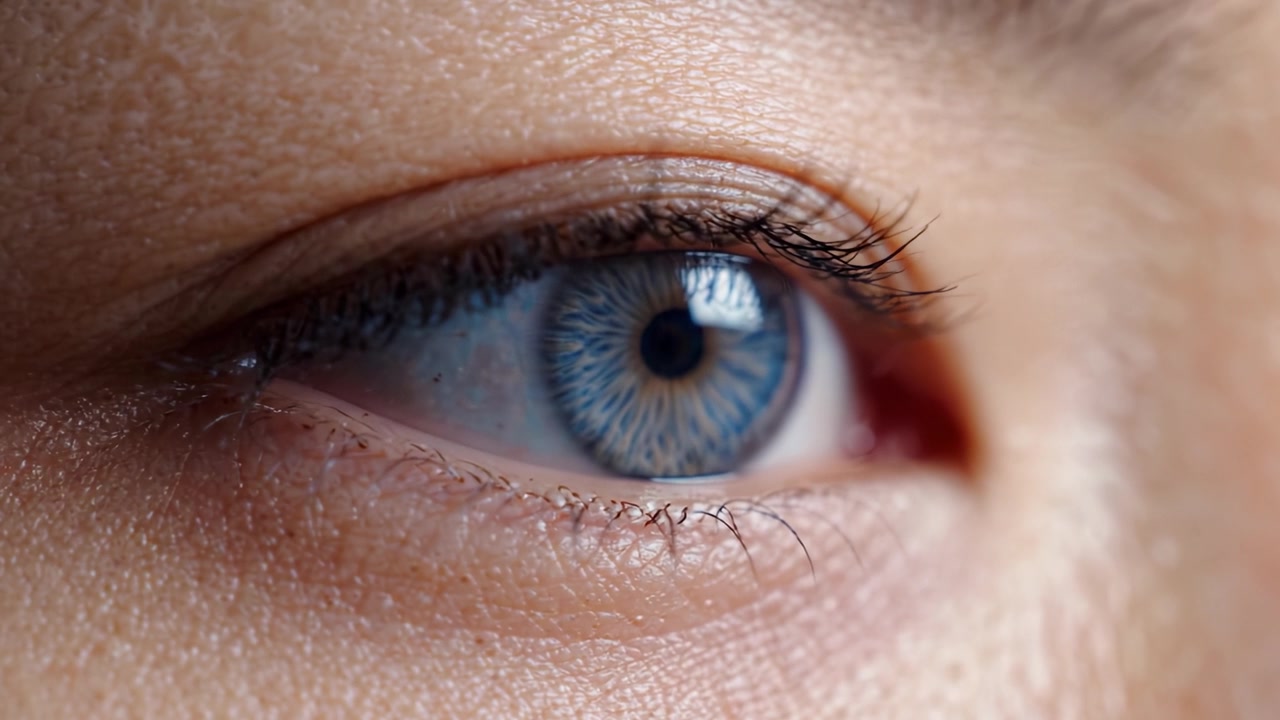 Una vista ravvicinata di un occhio umano che mostra dettagli intricati, colori vivaci e motivi unici nell'iride, creando un'esperienza visiva mozzafiato.