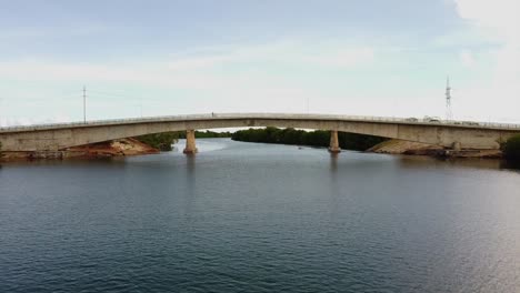 Drohnenaufnahme,-Flug-über-Den-Fluss-In-Geringer-Höhe,-Dann-Unterquerung-Einer-Betonbrücke