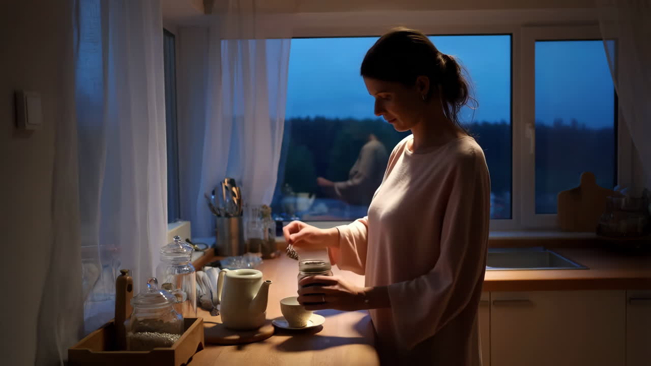 Woman Preparing Tea in Her Kitchen at Dusk