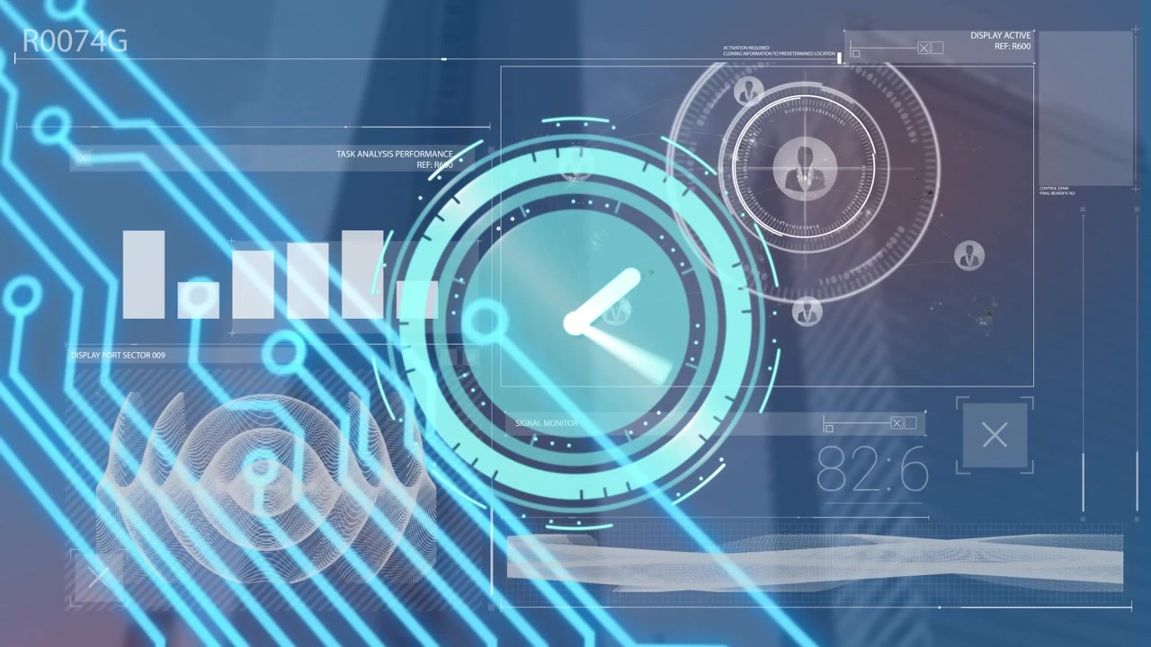 Animation of computer circuit board over moving clock and data processing