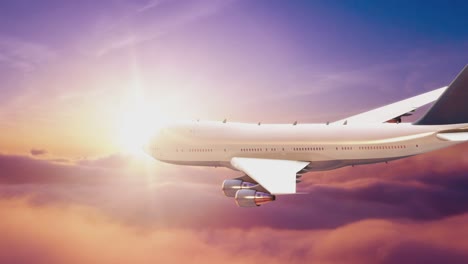 airplane flying above clouds and beautiful blue sky in sunlight, travel trip with airplane, aerial view of flying aeroplane background.