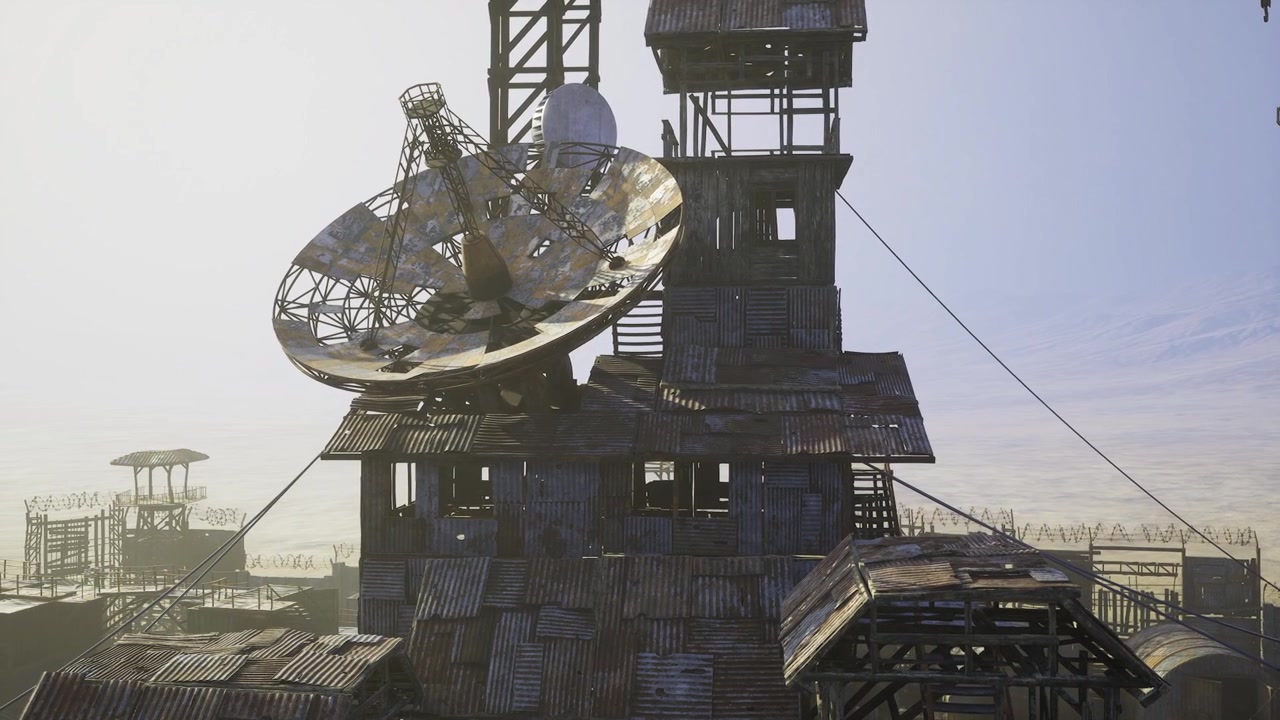 Morning light emphasizes resilient satellite dish overlooking harbor structures