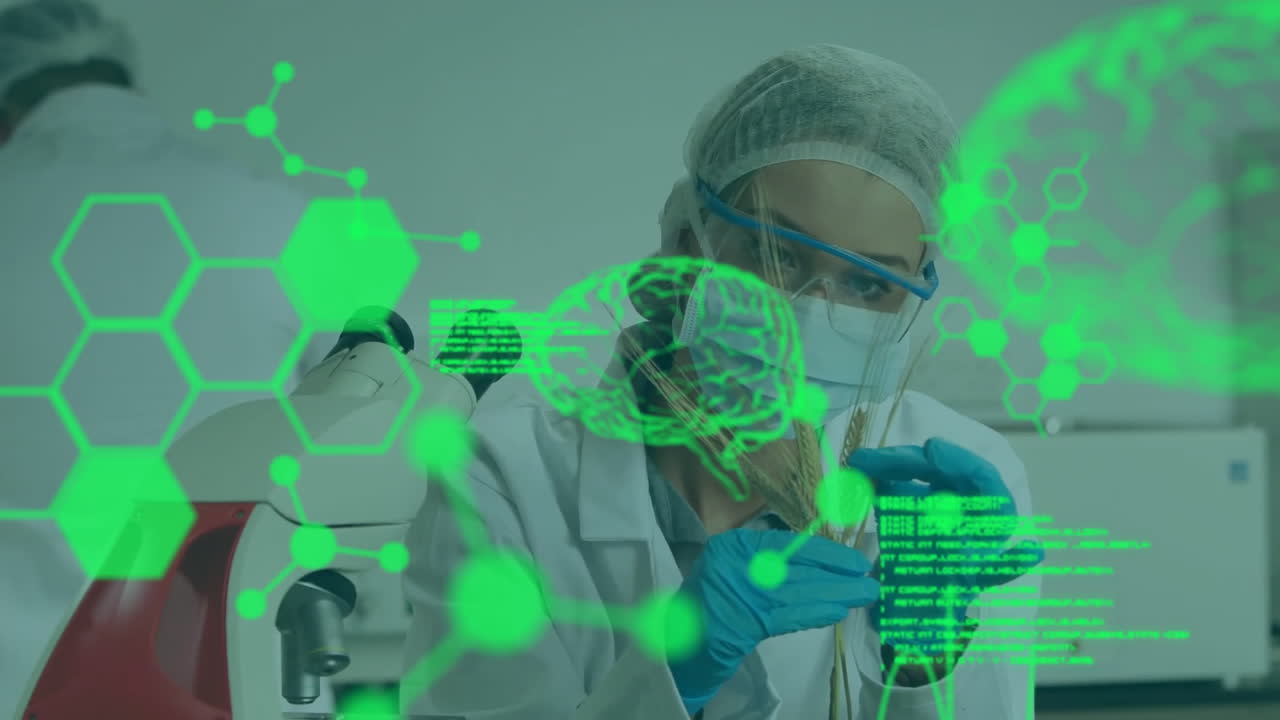 animación de procesamiento de datos con cerebros digitales sobre científica caucásica trabajando en el laboratorio