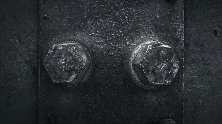 Shifting light revealing pair of large hexagonal bolts on machine panel, showing rivets and seam