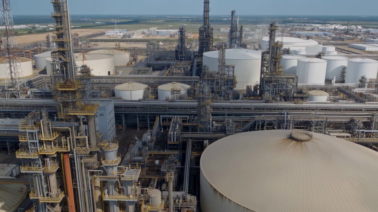 Right-side aerial view of an industrial petrochemical complex featuring a large beige domed storage tank in the foreground, multiple cylindrical white