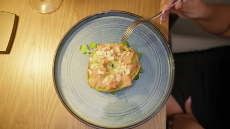 perfect rounded italian bruschetta with fish at the restaurant