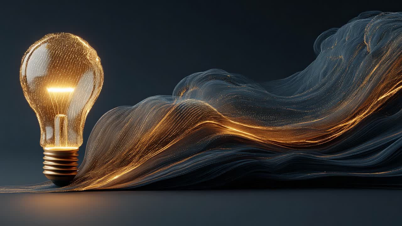 Digital animation of a glowing light bulb with a luminous filament, emitting an elegant, abstract wave of shimmering gold and blue particles against a dark, sophisticated background