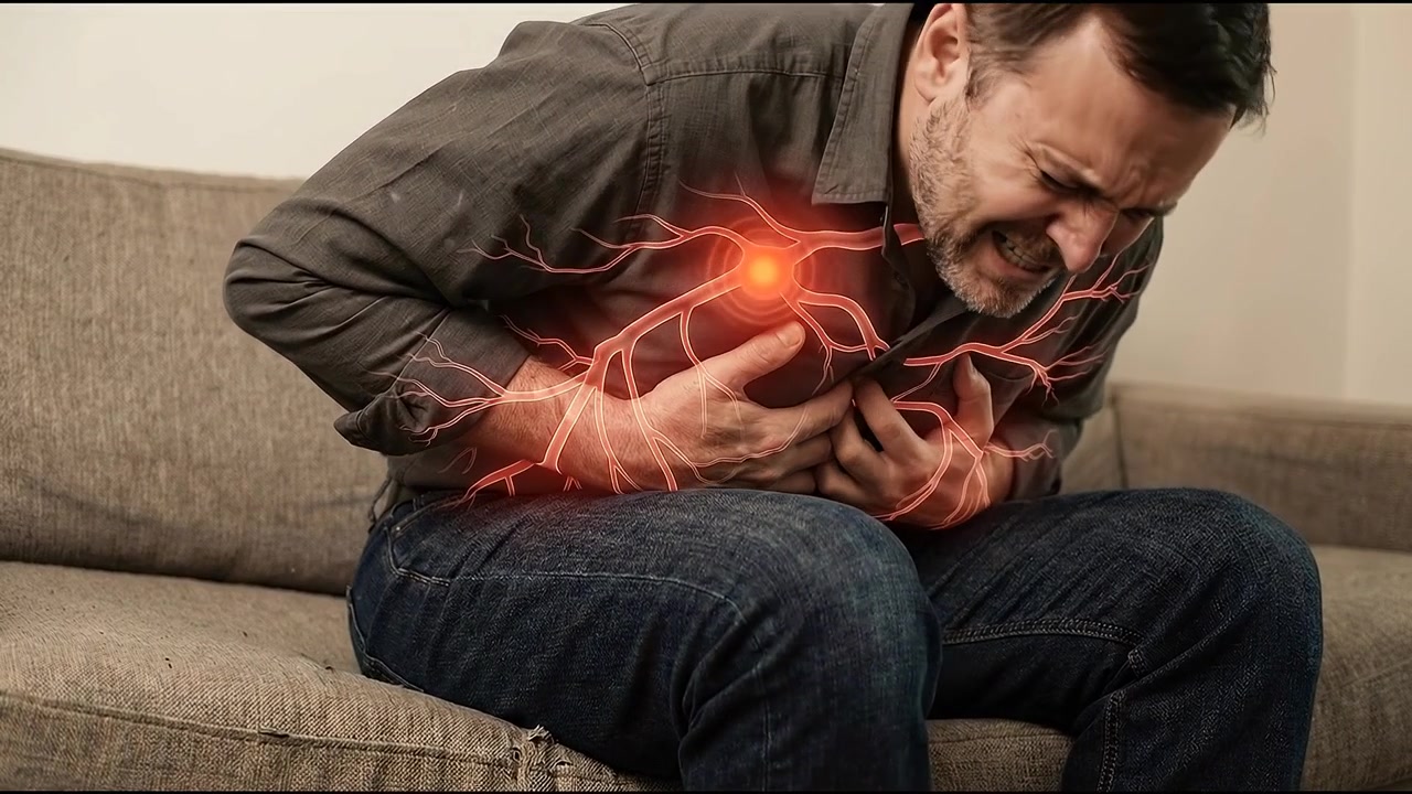 Hombre experimentando dolor de pecho intenso y síntomas de ataque cardíaco