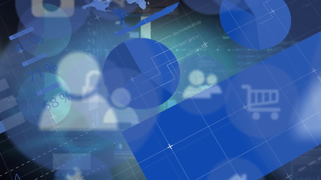 animación de múltiples iconos digitales y procesamiento de datos estadísticos contra un fondo gris