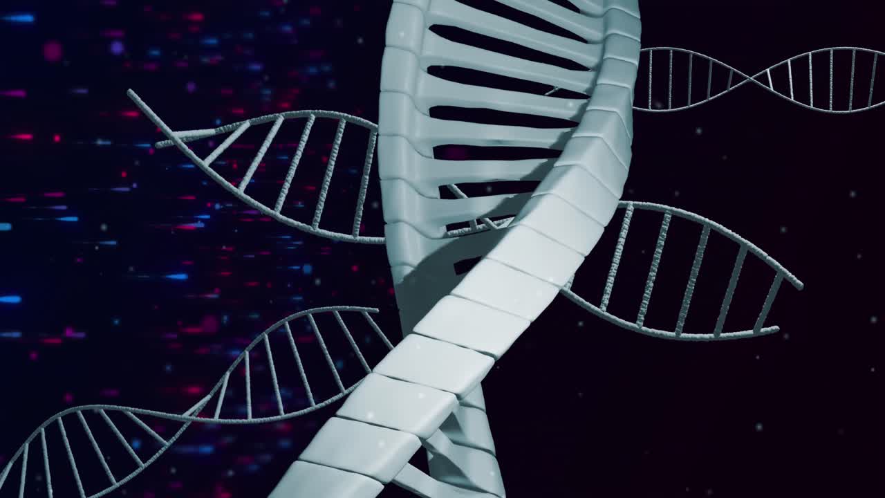 Animation of dna strands spinning over glowing particles