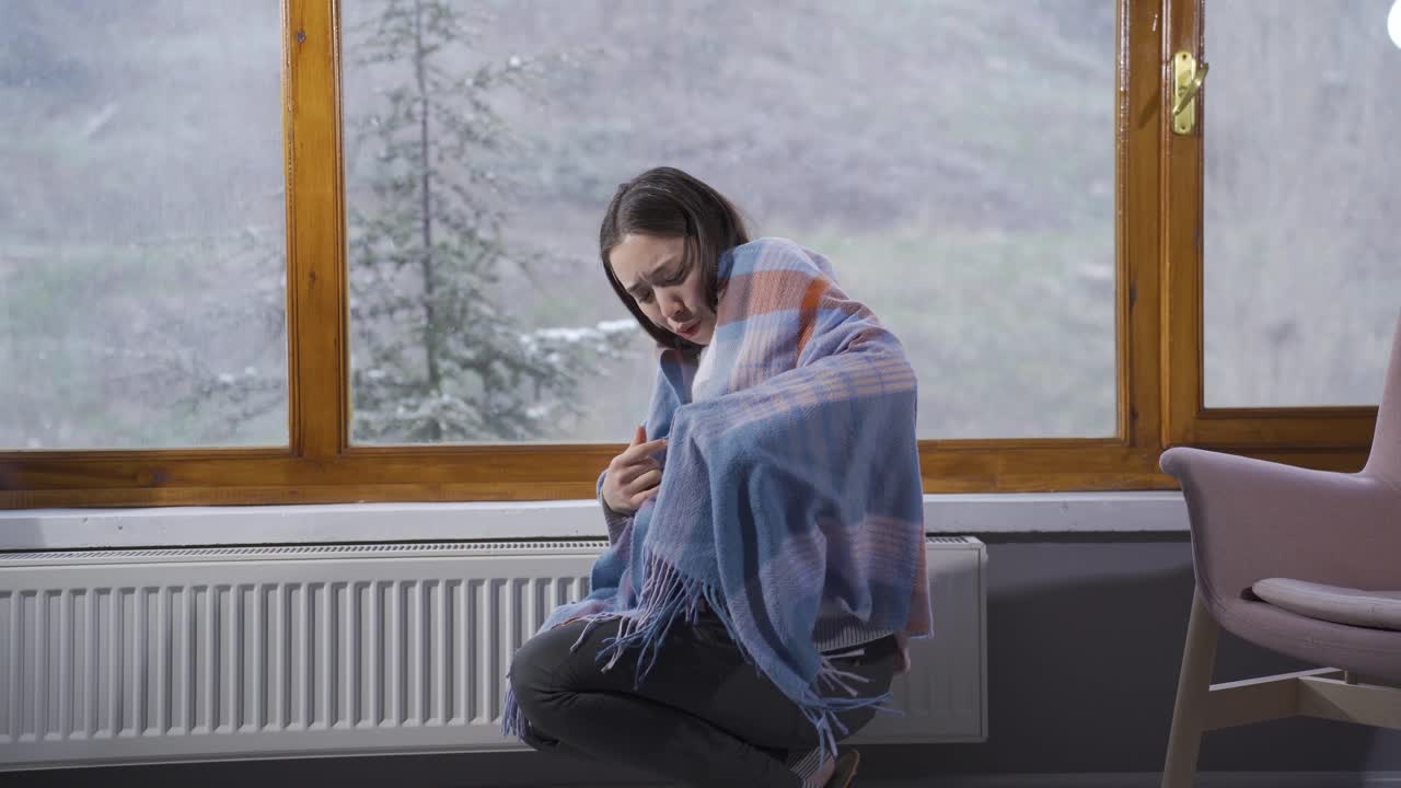 겨울에 추운 젊은 아시아 여성이 콤비를 껴안고 있습니다.