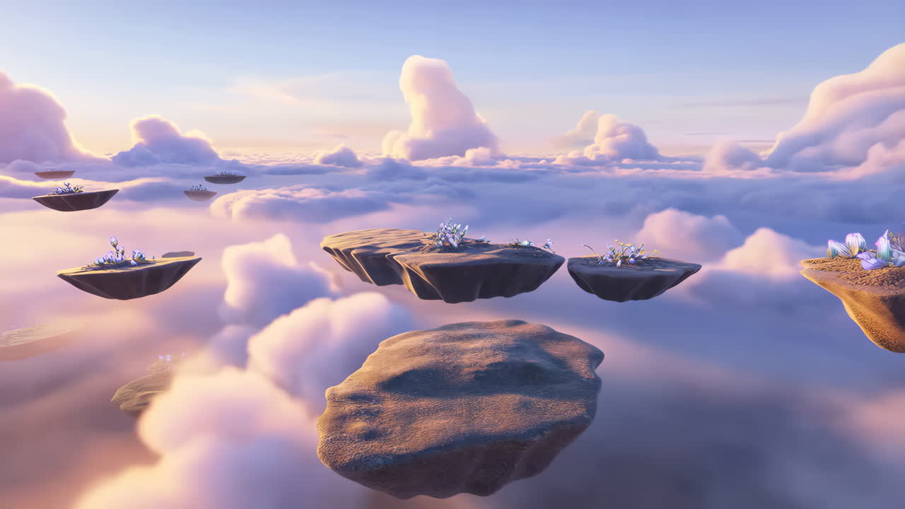 Ethereal Floating Islands Above Clouds with Glowing Crystals