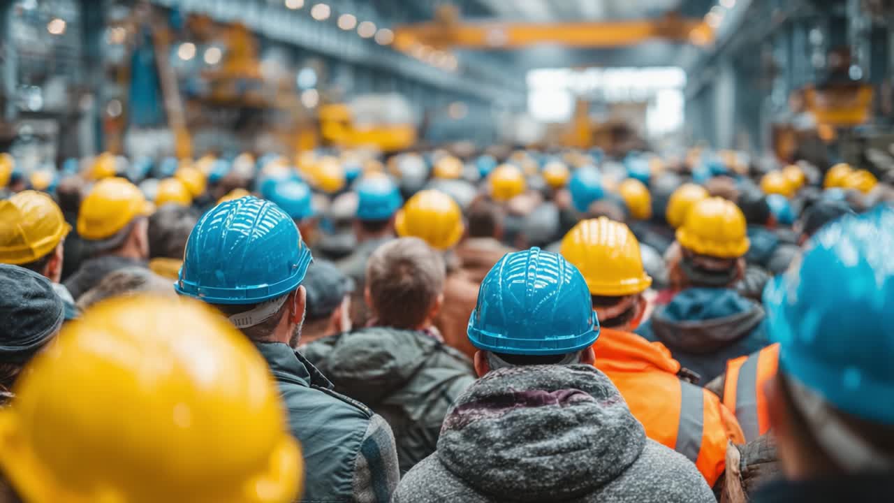 A Large Group of Construction Workers in Safety Helmets Gathered in an Industrial Space, Awaiting Instructions or Motivation from Leaders