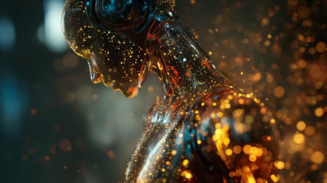 Profile view of a futuristic android's head and shoulders disintegrating into a cloud of sparkling golden bokeh particles, symbolizing technological evolution, singularity, and artificial life