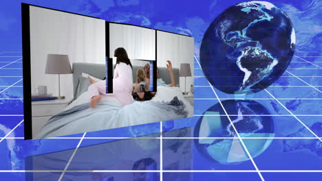 montage of family videos next to turning globe