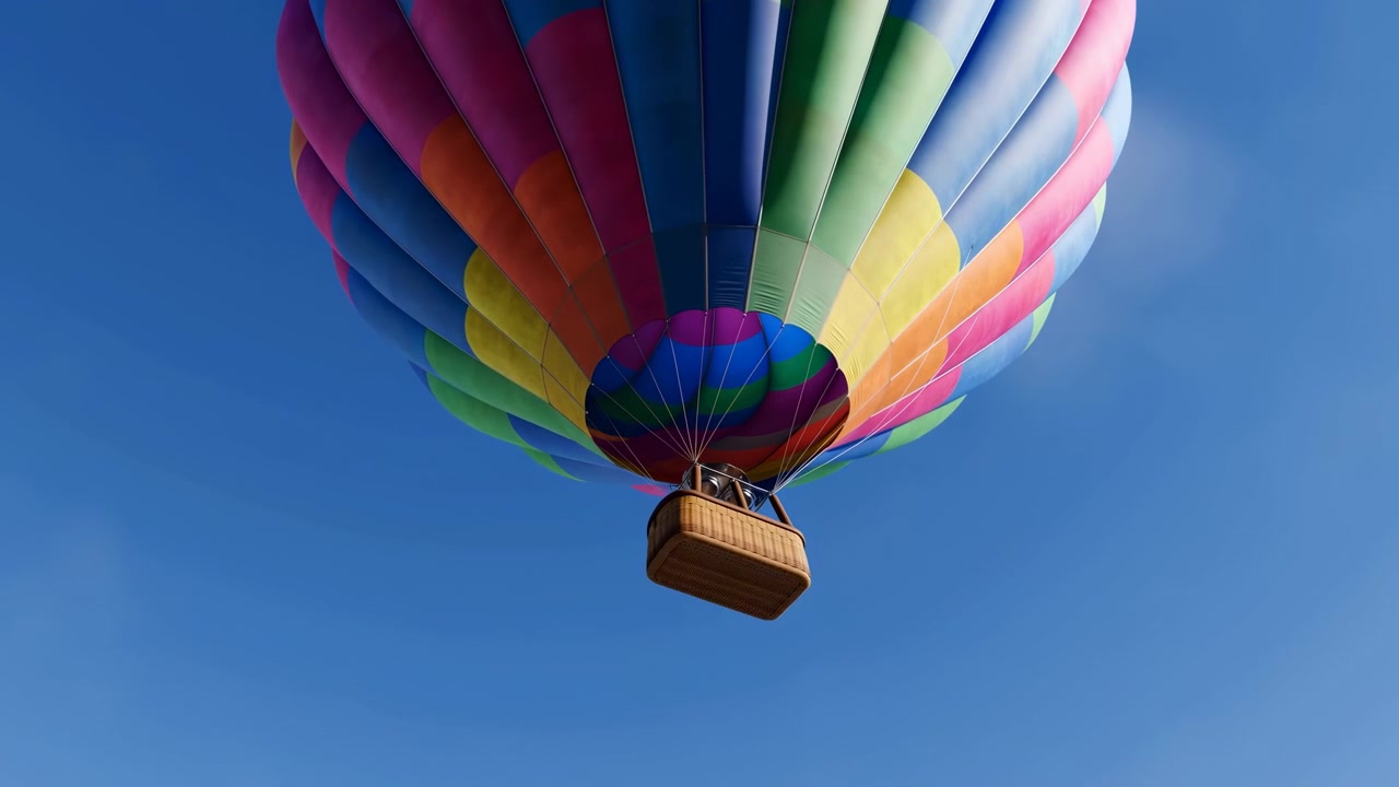Vista aerea di mongolfiere che salgono in un cielo azzurro limpido, adornate con vivaci tonalità rosse e gialle, a simboleggiare il viaggio sereno ed edificante di avventura e libertà nel viaggio.