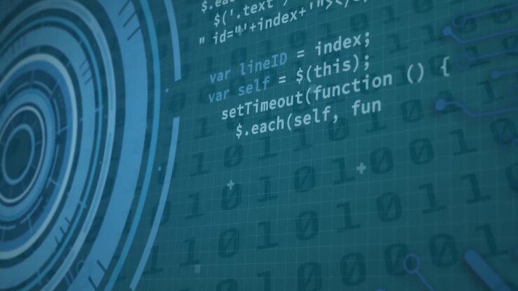 Animation of data processing over digital screens with binar code