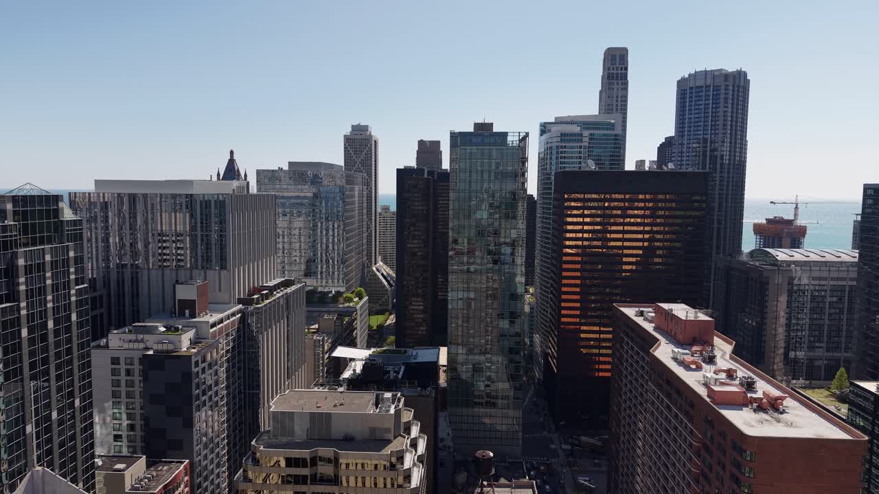 Drone Shot of Chicago Downtown Towers and Skyscrapers on Sunny Day, Illinois USA