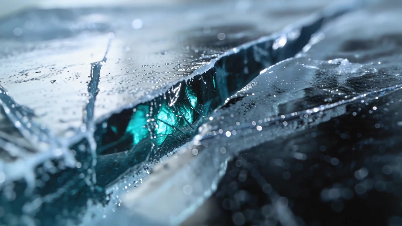 Sliding camera along jagged crack on glass sheet in studio, revealing turquoise core and droplets