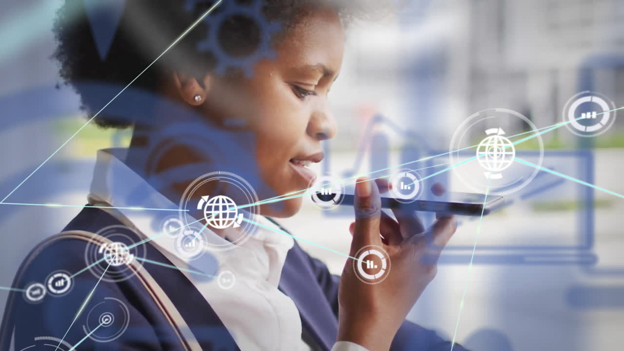 Animation of network of connections over african american businesswoman in office