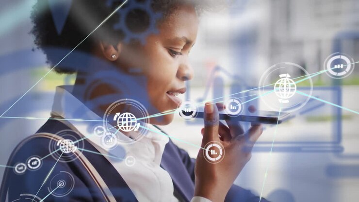 Animation of network of connections over african american businesswoman in office