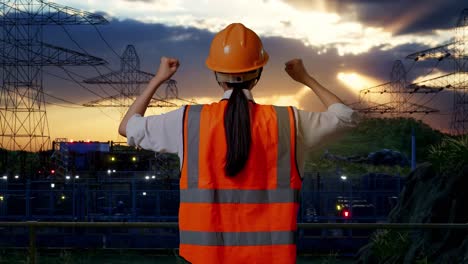 ingeniero celebrando el éxito en la planta de energía