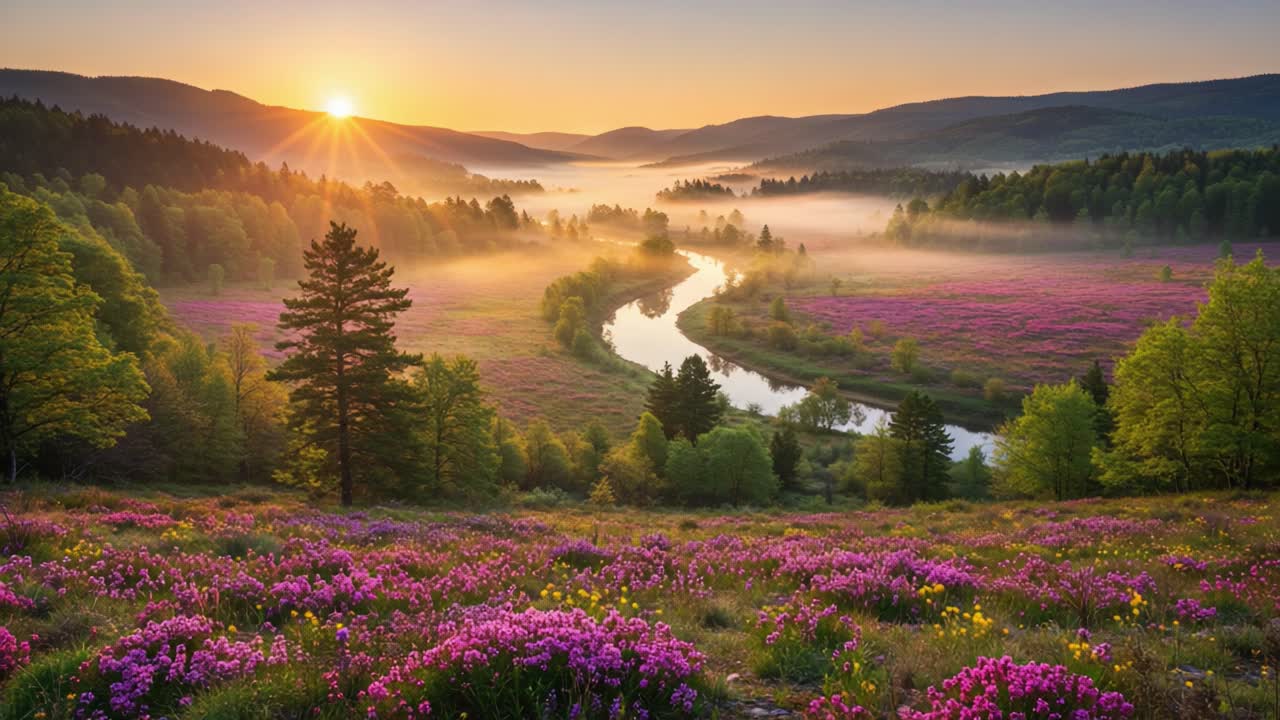 A Breathtaking Sunrise Over a Serene Landscape Adorned with Vibrant ...