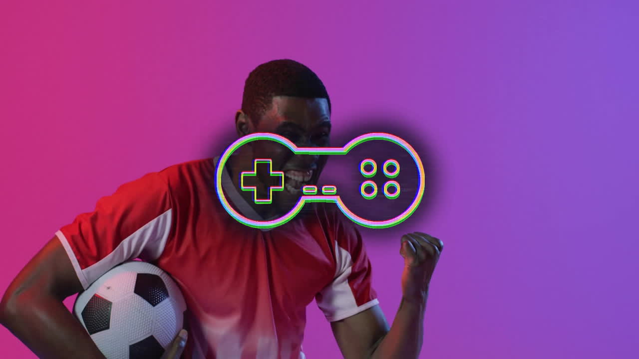Holding soccer ball, man with game controller animation on colorful background