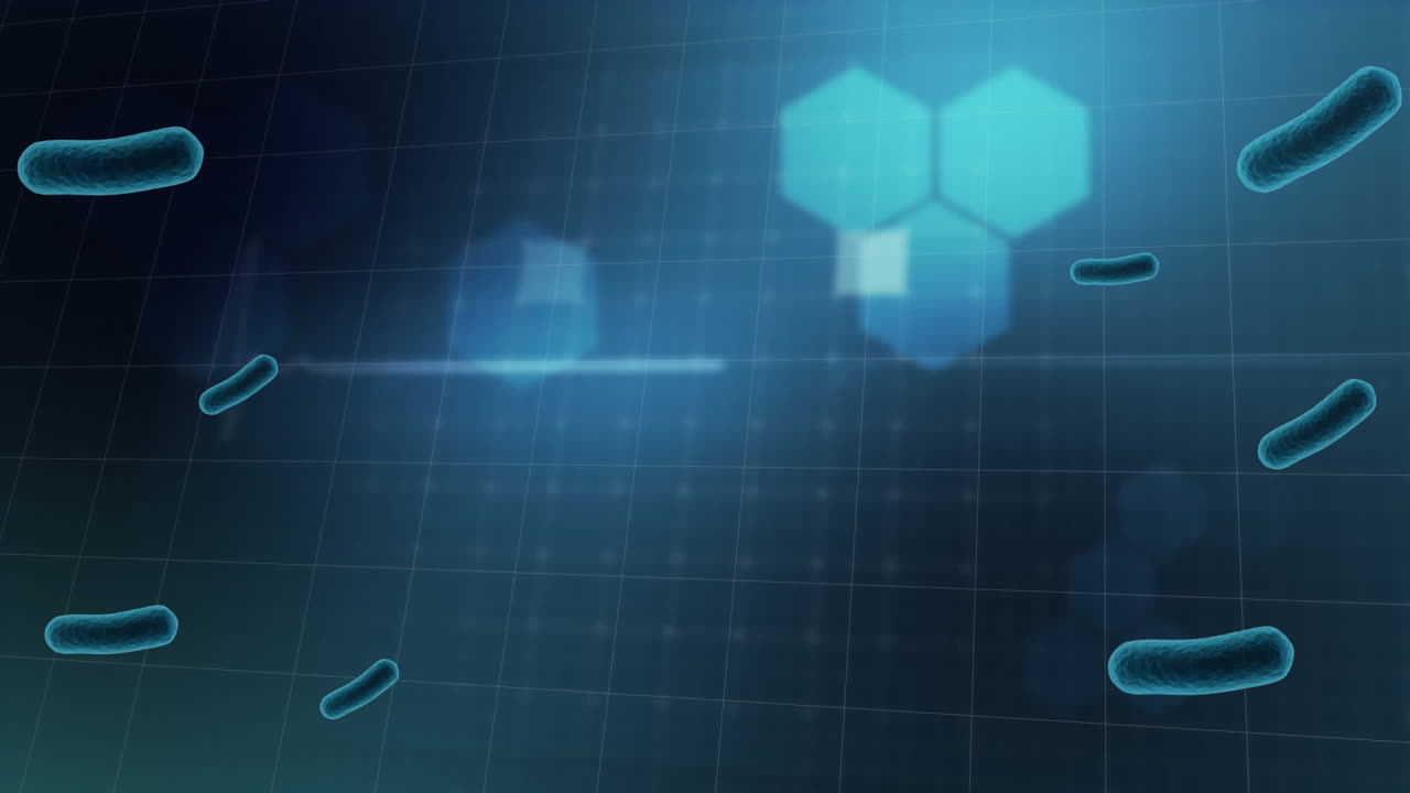 흑색 바탕에 심장 사진을 가진 육각형 위의 세포의 애니메이션